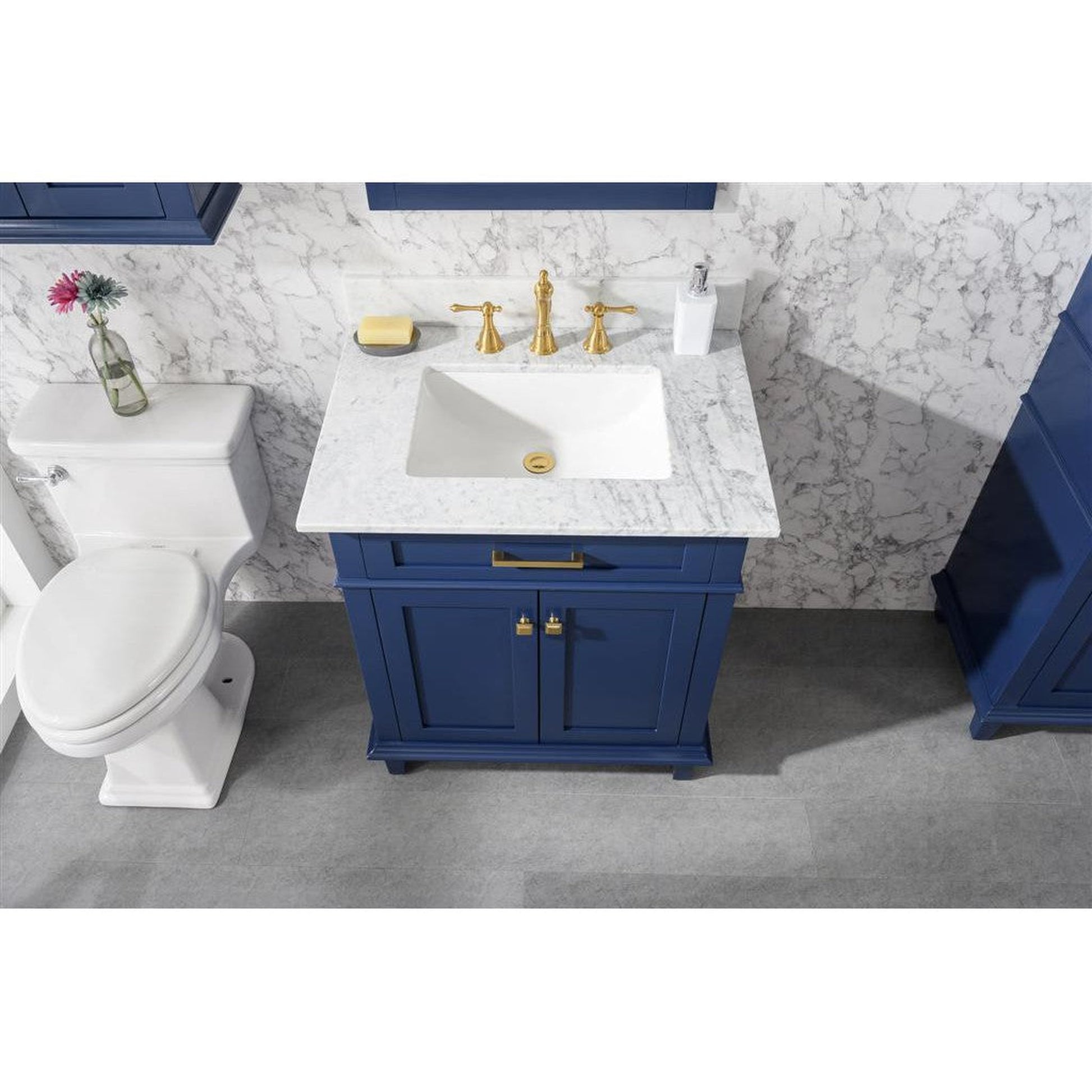 Legion Furniture WLF2230 30" Blue Freestanding Vanity With White Carrara Marble Top and White Ceramic Sink