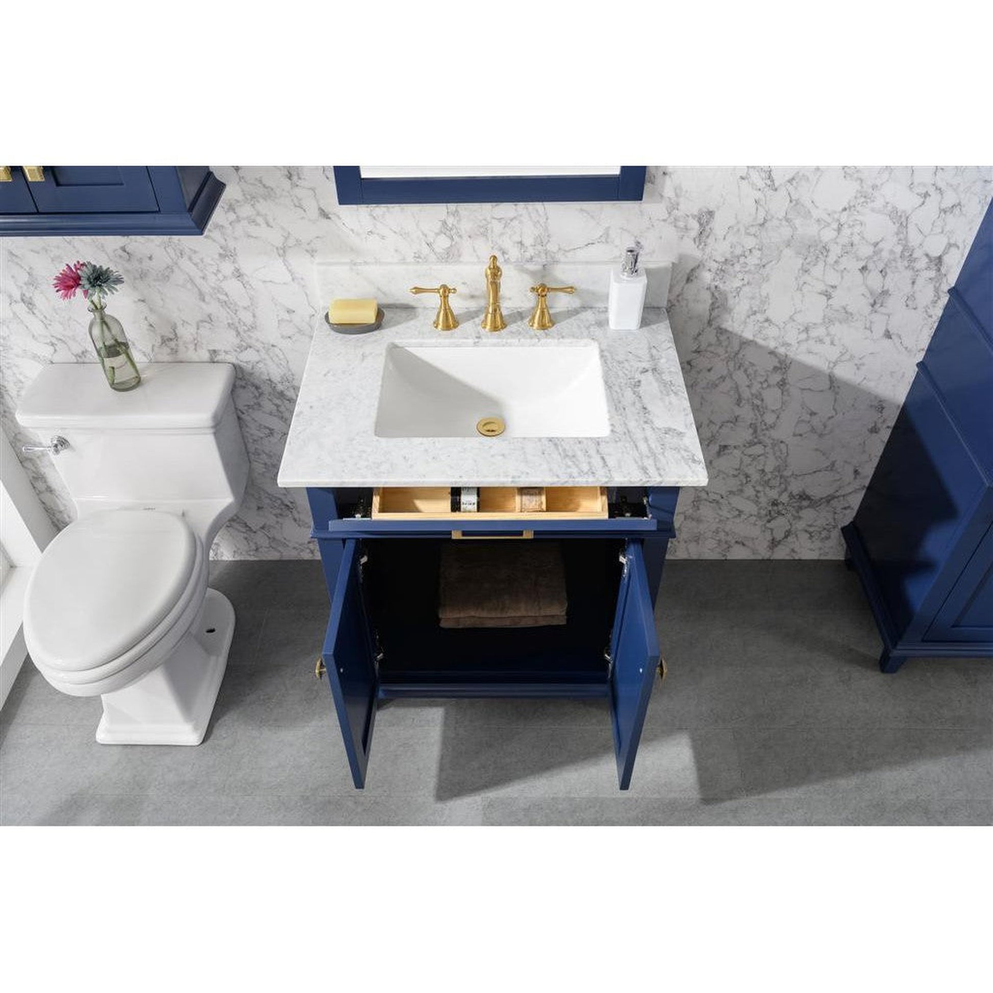 Legion Furniture WLF2230 30" Blue Freestanding Vanity With White Carrara Marble Top and White Ceramic Sink