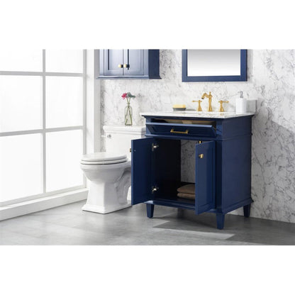 Legion Furniture WLF2230 30" Blue Freestanding Vanity With White Carrara Marble Top and White Ceramic Sink