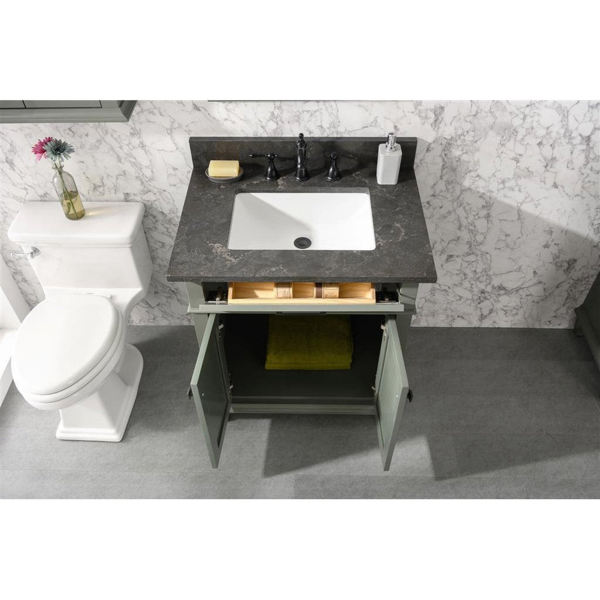 Legion Furniture WLF2230 30" Pewter Green Freestanding Vanity With Blue Lime Stone Top and White Ceramic Sink