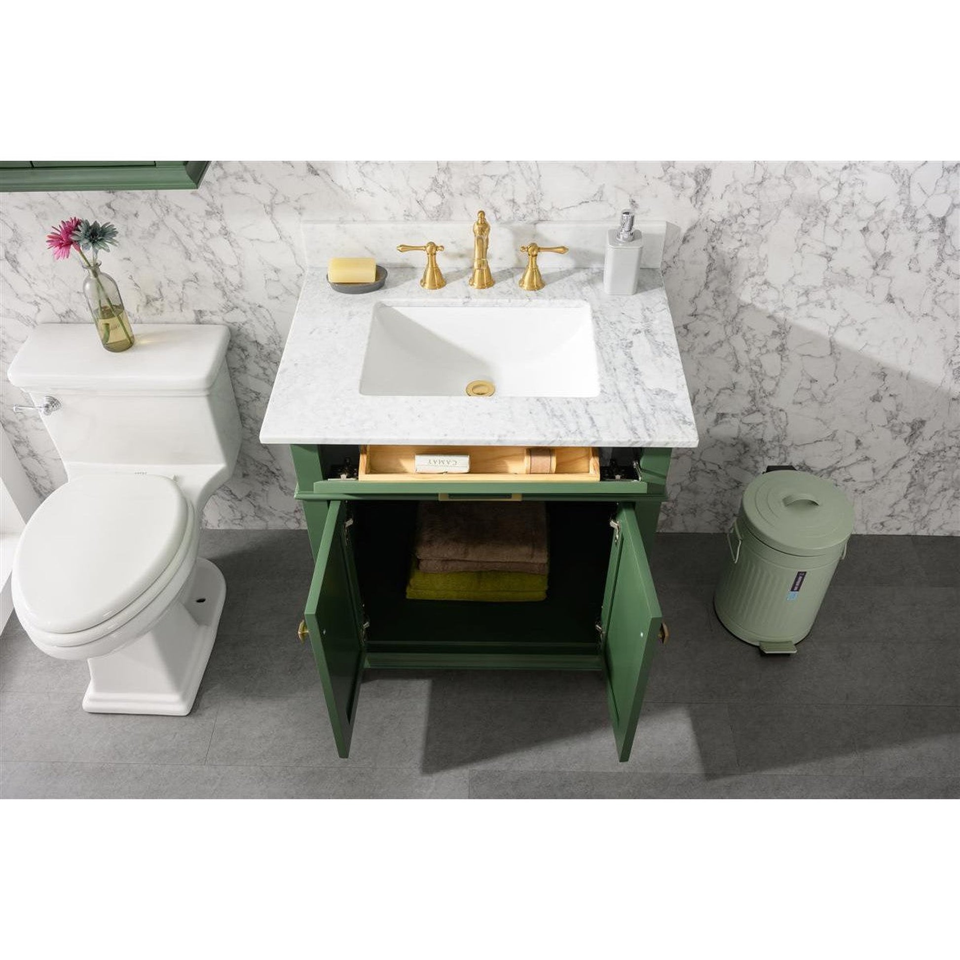 Legion Furniture WLF2230 30" Vogue Green Freestanding Vanity With White Carrara Marble Top and White Ceramic Sink