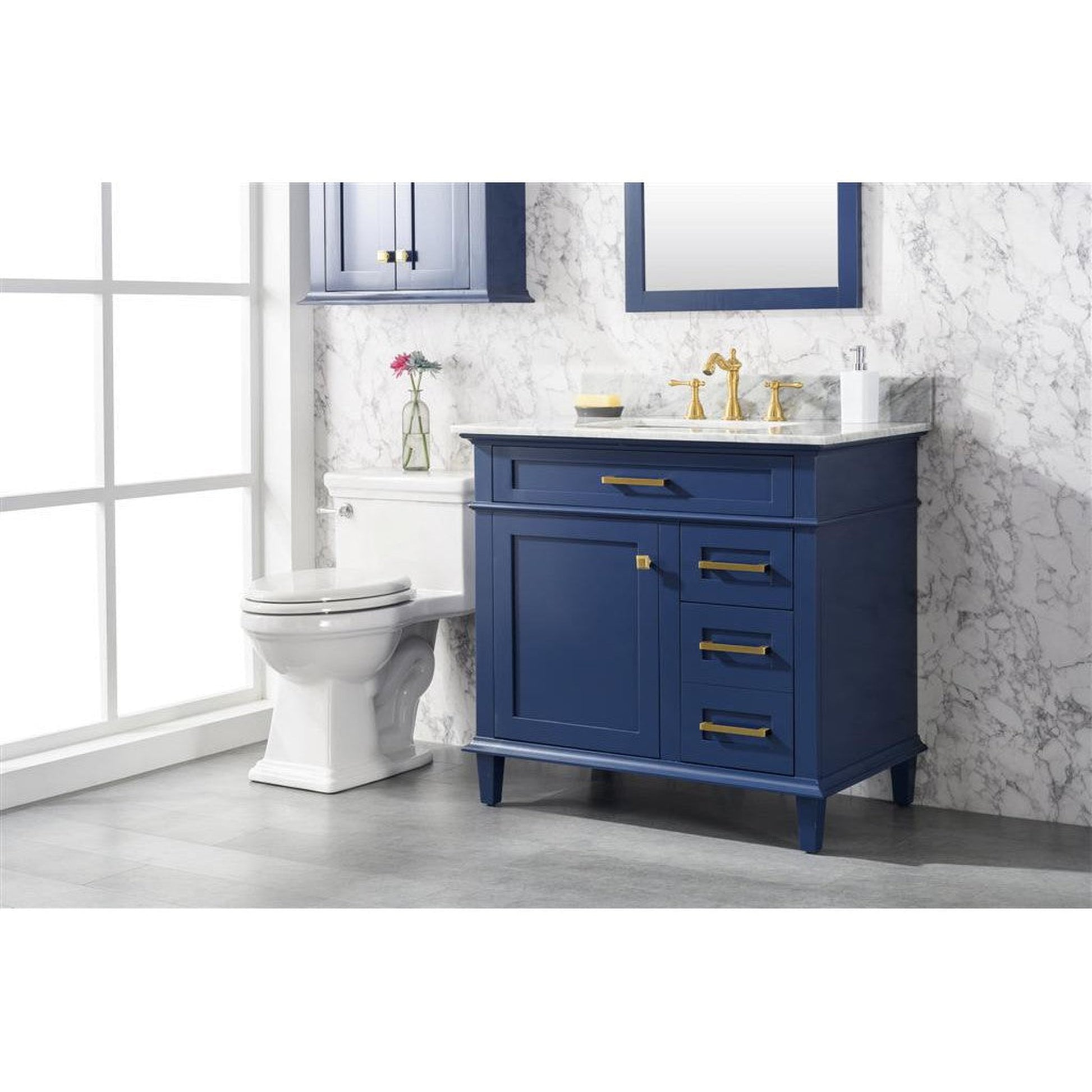Legion Furniture WLF2236 36" Blue Freestanding Vanity With White Carrara Marble Top and White Ceramic Sink
