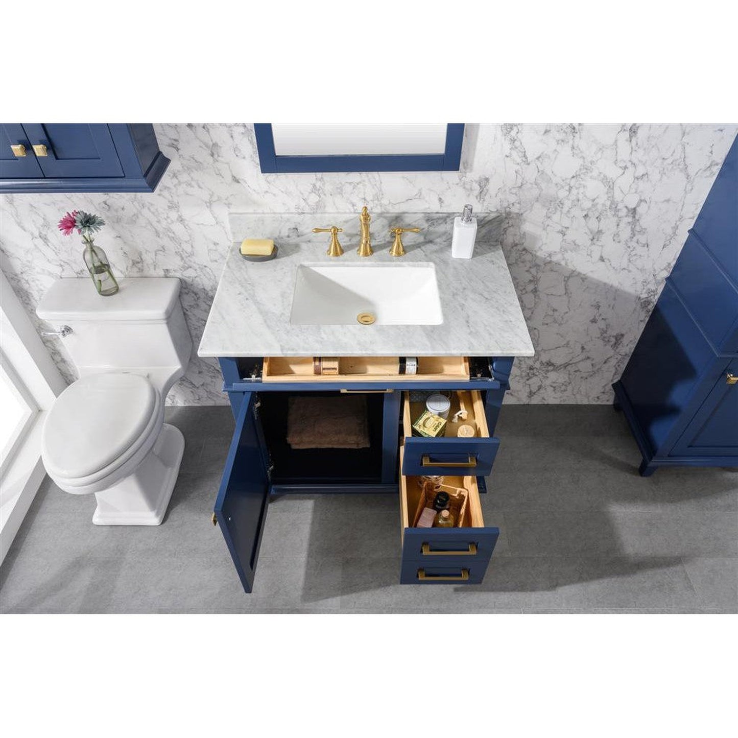 Legion Furniture WLF2236 36" Blue Freestanding Vanity With White Carrara Marble Top and White Ceramic Sink