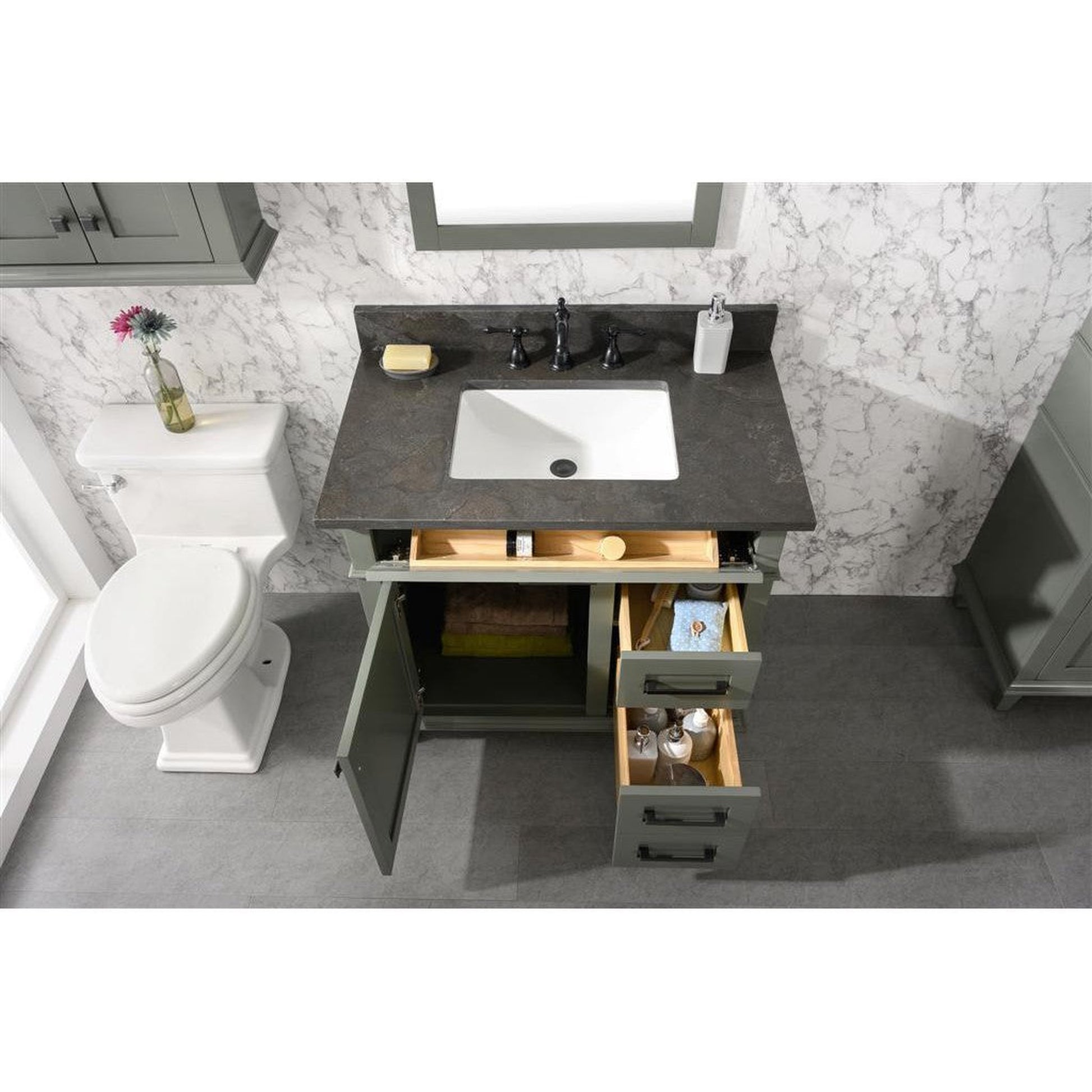 Legion Furniture WLF2236 36" Pewter Green Freestanding Vanity With Blue Lime Stone Top and White Ceramic Sink