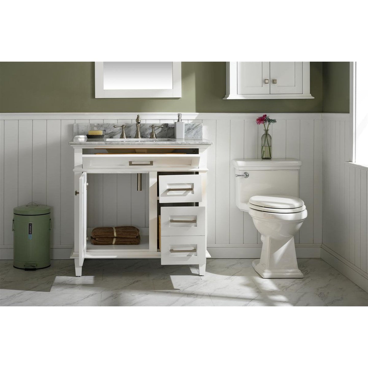 Legion Furniture WLF2236 36" White Freestanding Vanity With White Carrara Marble Top and White Ceramic Sink