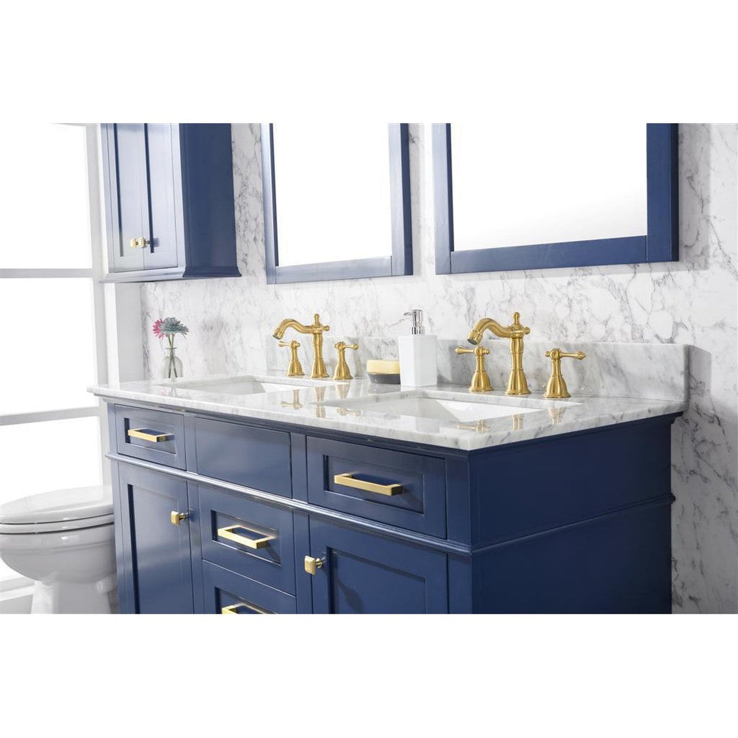 Legion Furniture WLF2254 54" Blue Freestanding Vanity With White Carrara Marble Top and Double White Ceramic Sink