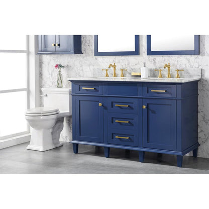 Legion Furniture WLF2254 54" Blue Freestanding Vanity With White Carrara Marble Top and Double White Ceramic Sink