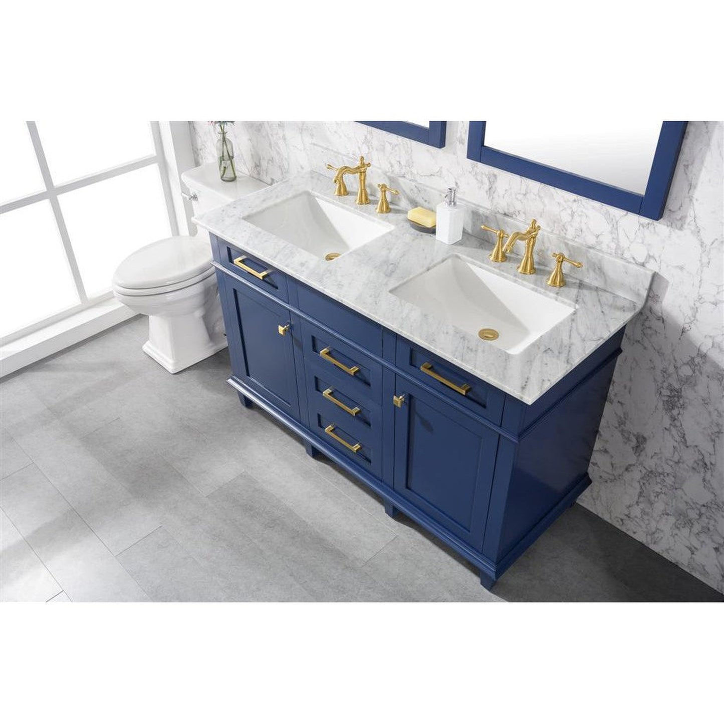 Legion Furniture WLF2254 54" Blue Freestanding Vanity With White Carrara Marble Top and Double White Ceramic Sink