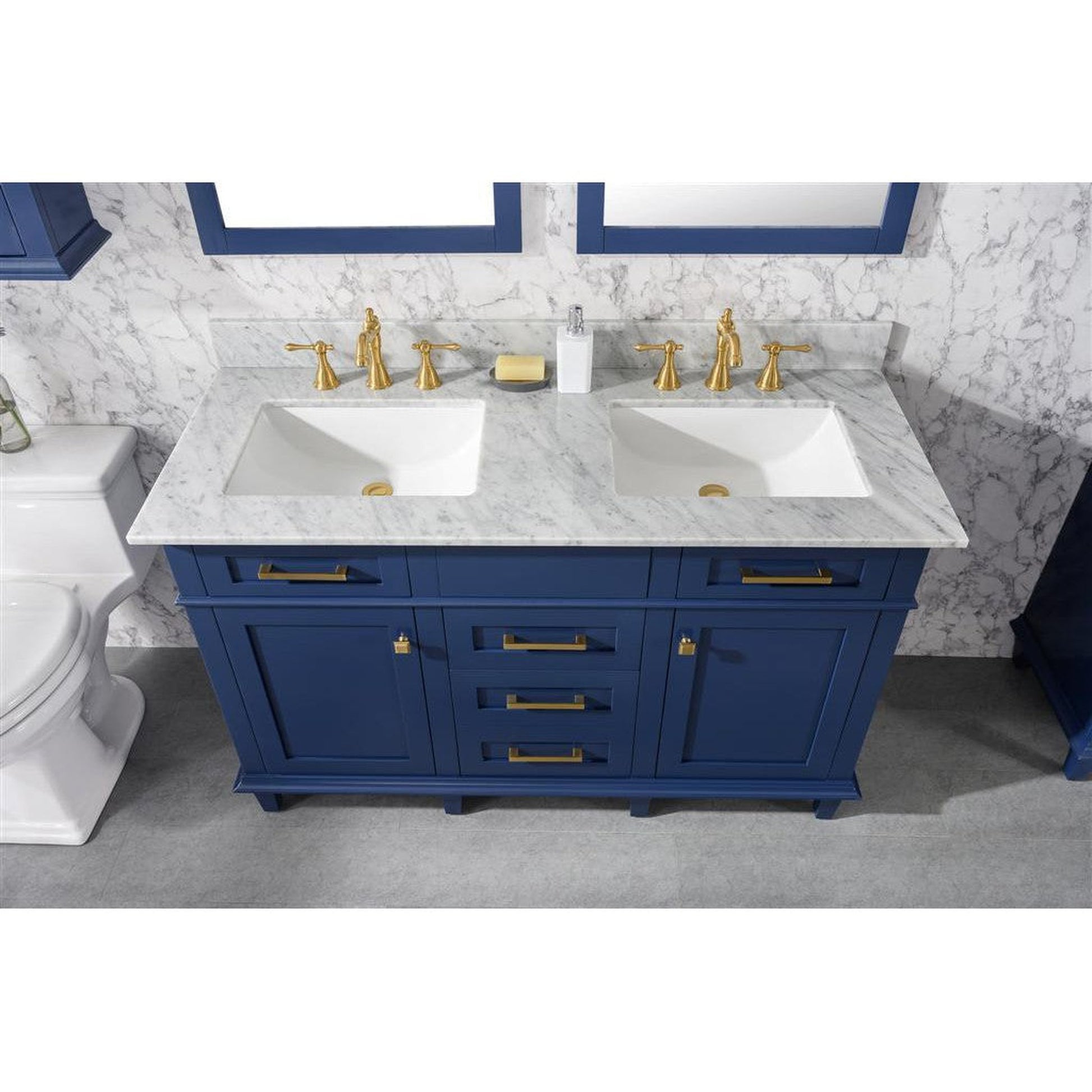 Legion Furniture WLF2254 54" Blue Freestanding Vanity With White Carrara Marble Top and Double White Ceramic Sink