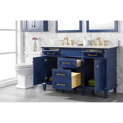 Legion Furniture WLF2254 54" Blue Freestanding Vanity With White Carrara Marble Top and Double White Ceramic Sink