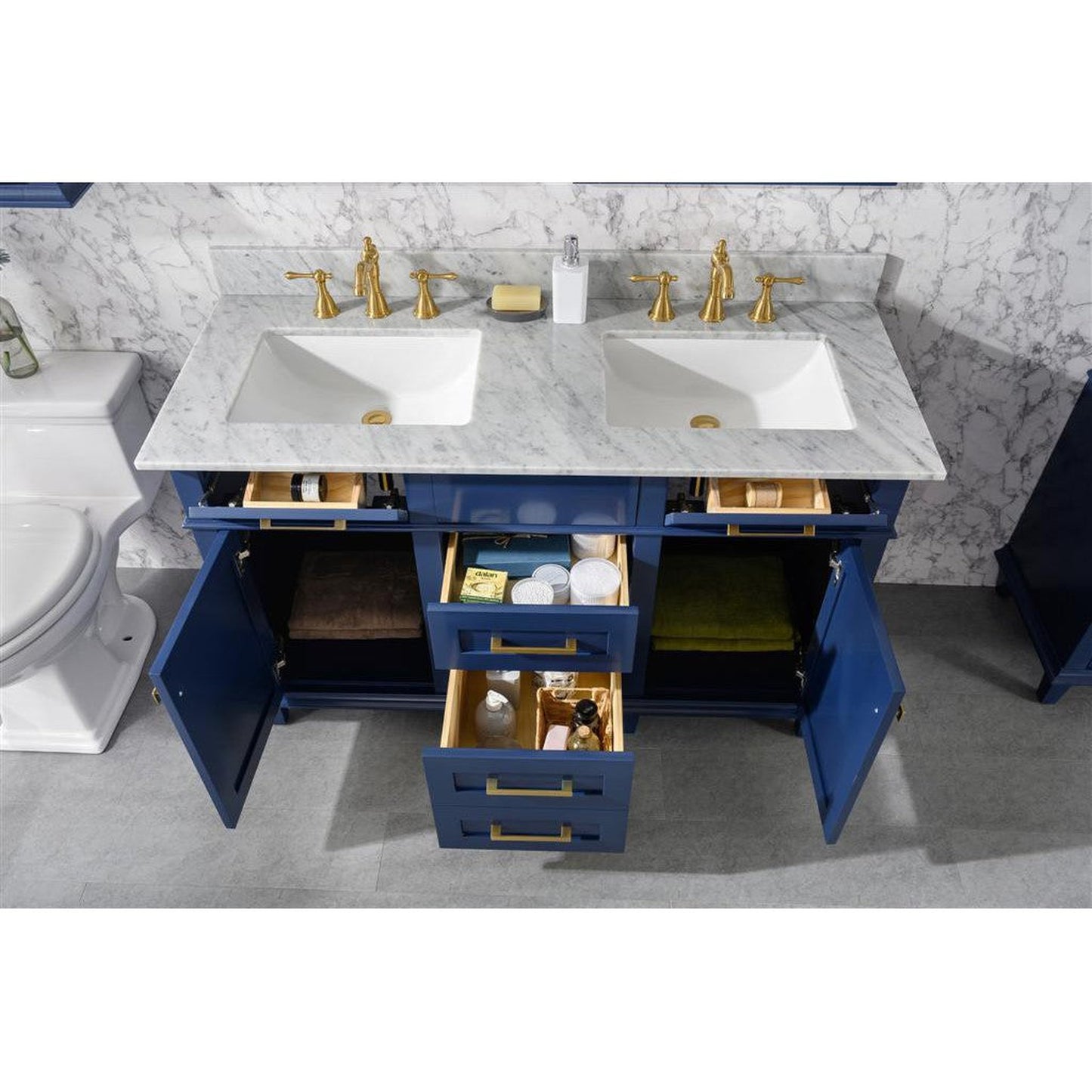 Legion Furniture WLF2254 54" Blue Freestanding Vanity With White Carrara Marble Top and Double White Ceramic Sink