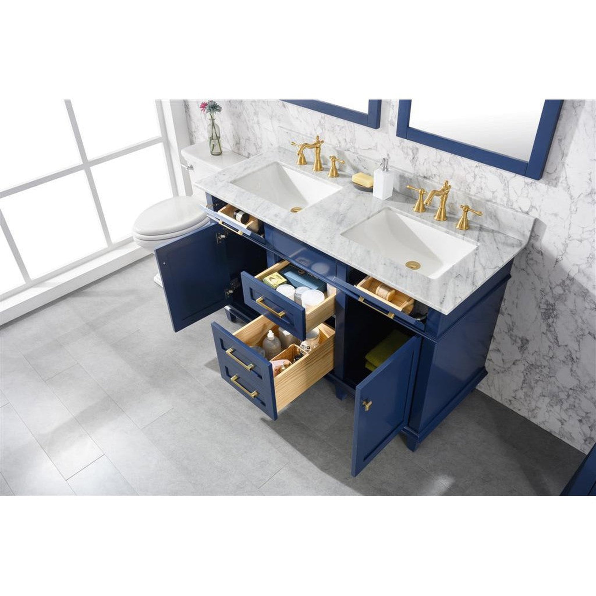 Legion Furniture WLF2254 54" Blue Freestanding Vanity With White Carrara Marble Top and Double White Ceramic Sink