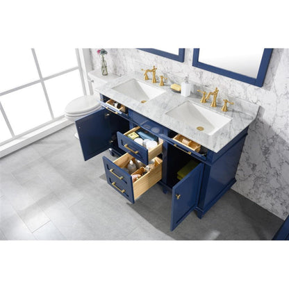 Legion Furniture WLF2254 54" Blue Freestanding Vanity With White Carrara Marble Top and Double White Ceramic Sink