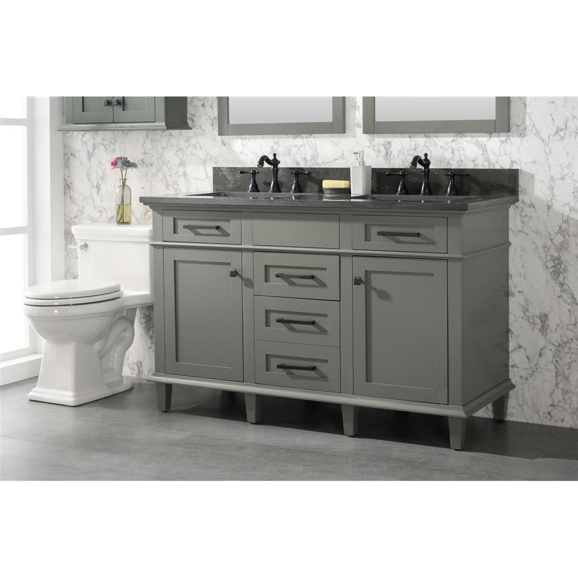 Legion Furniture WLF2254 54" Pewter Green Freestanding Vanity With Blue Lime Stone Top and Double White Ceramic Sink