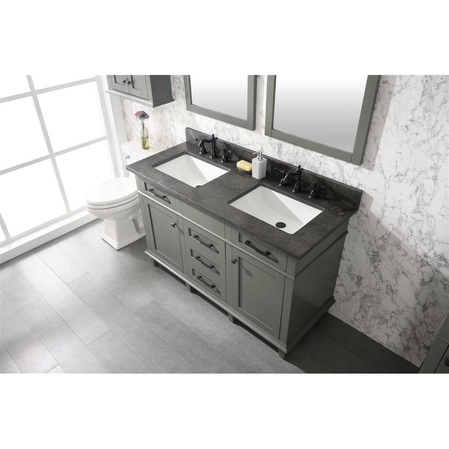 Legion Furniture WLF2254 54" Pewter Green Freestanding Vanity With Blue Lime Stone Top and Double White Ceramic Sink