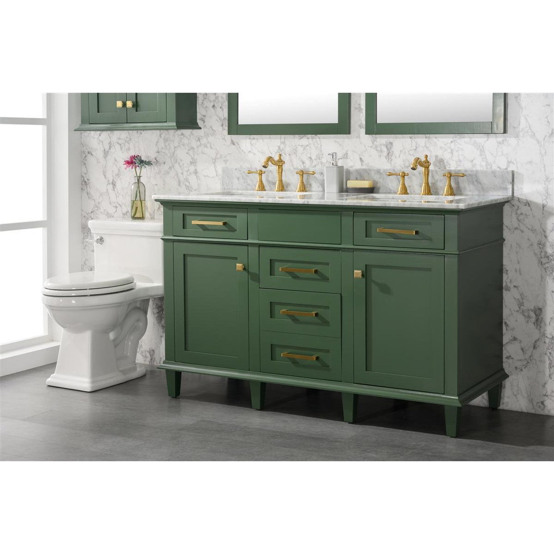 Legion Furniture WLF2254 54" Vogue Green Freestanding Vanity With White Carrara Marble Top and Double White Ceramic Sink