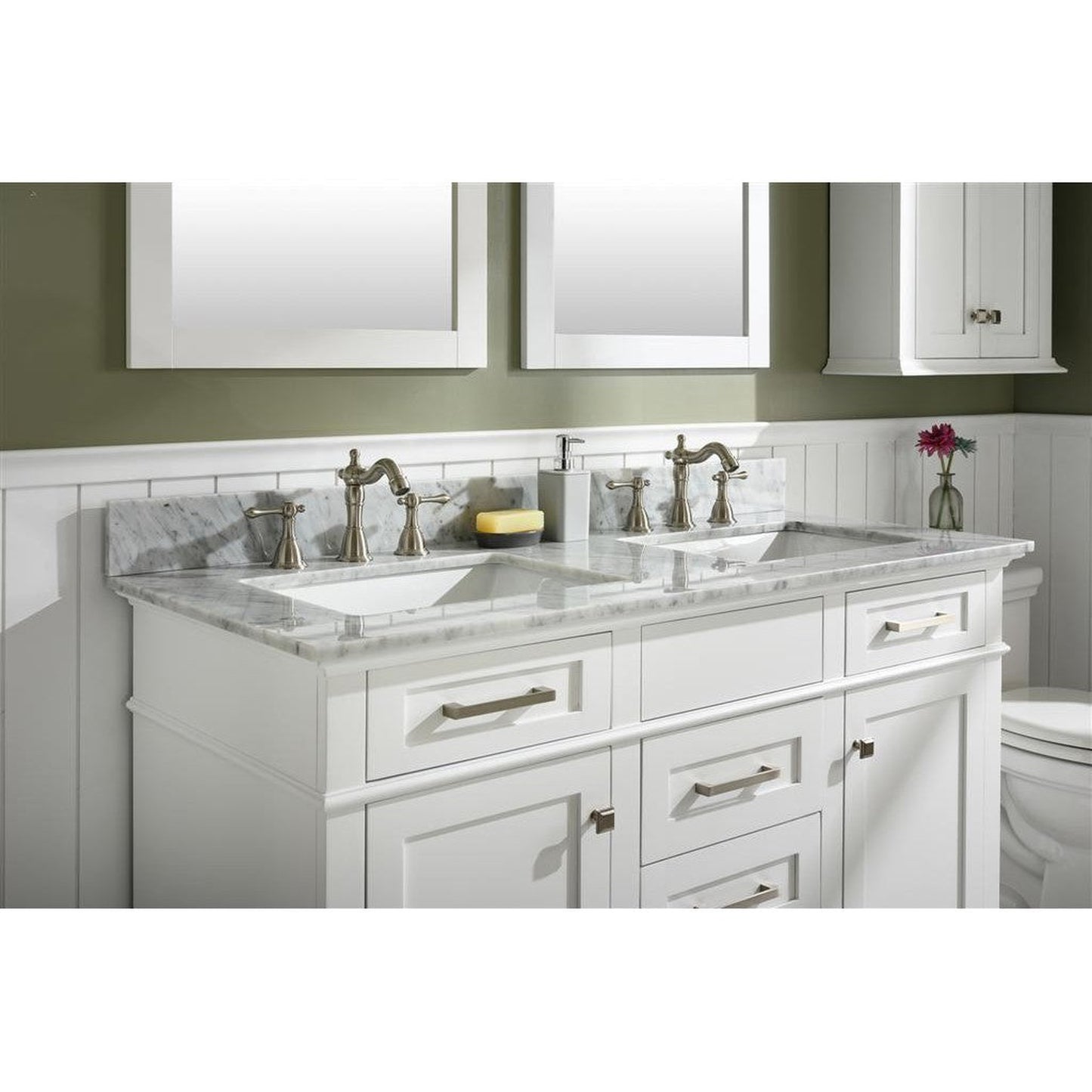 Legion Furniture WLF2254 54" White Freestanding Vanity With White Carrara Marble Top and Double White Ceramic Sink