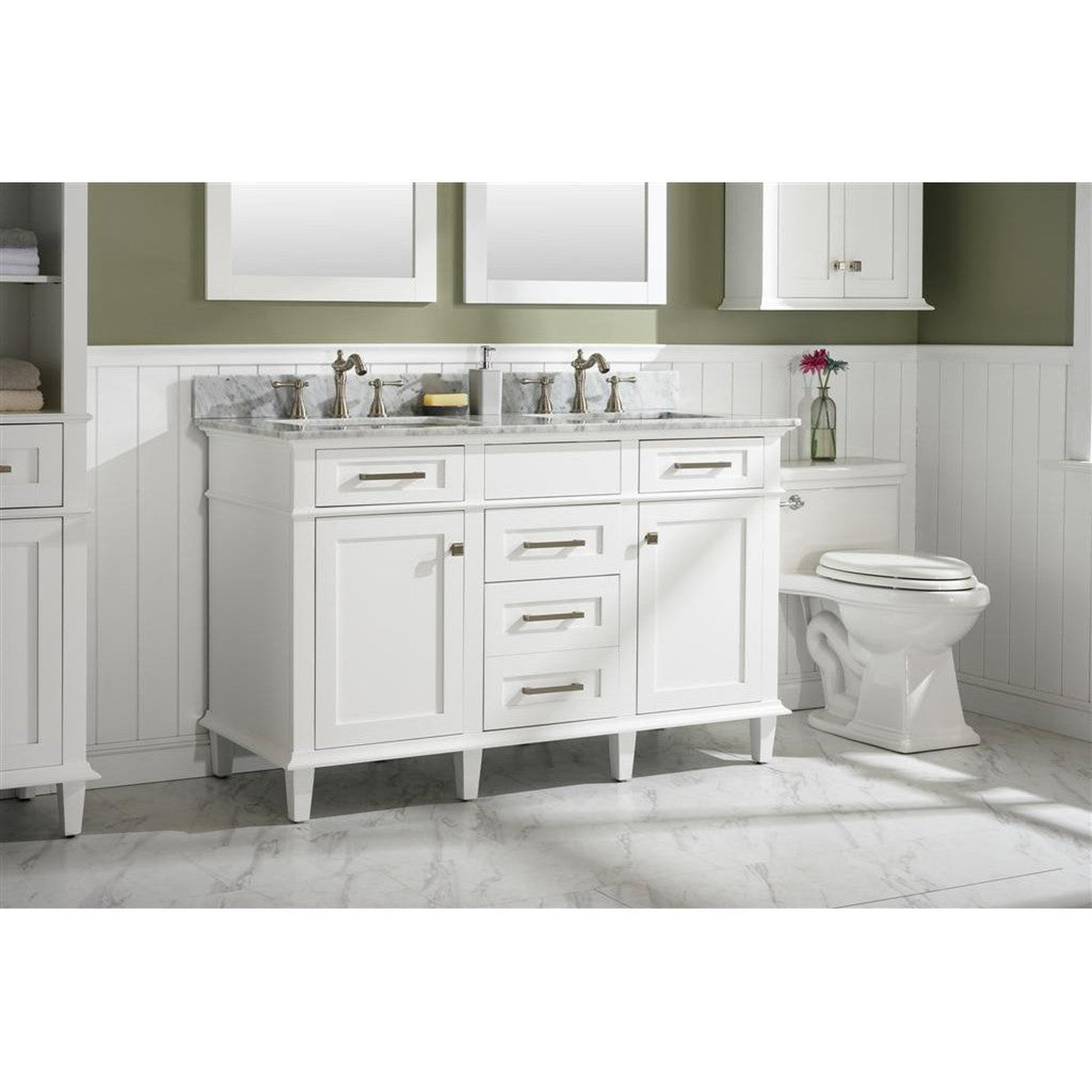 Legion Furniture WLF2254 54" White Freestanding Vanity With White Carrara Marble Top and Double White Ceramic Sink