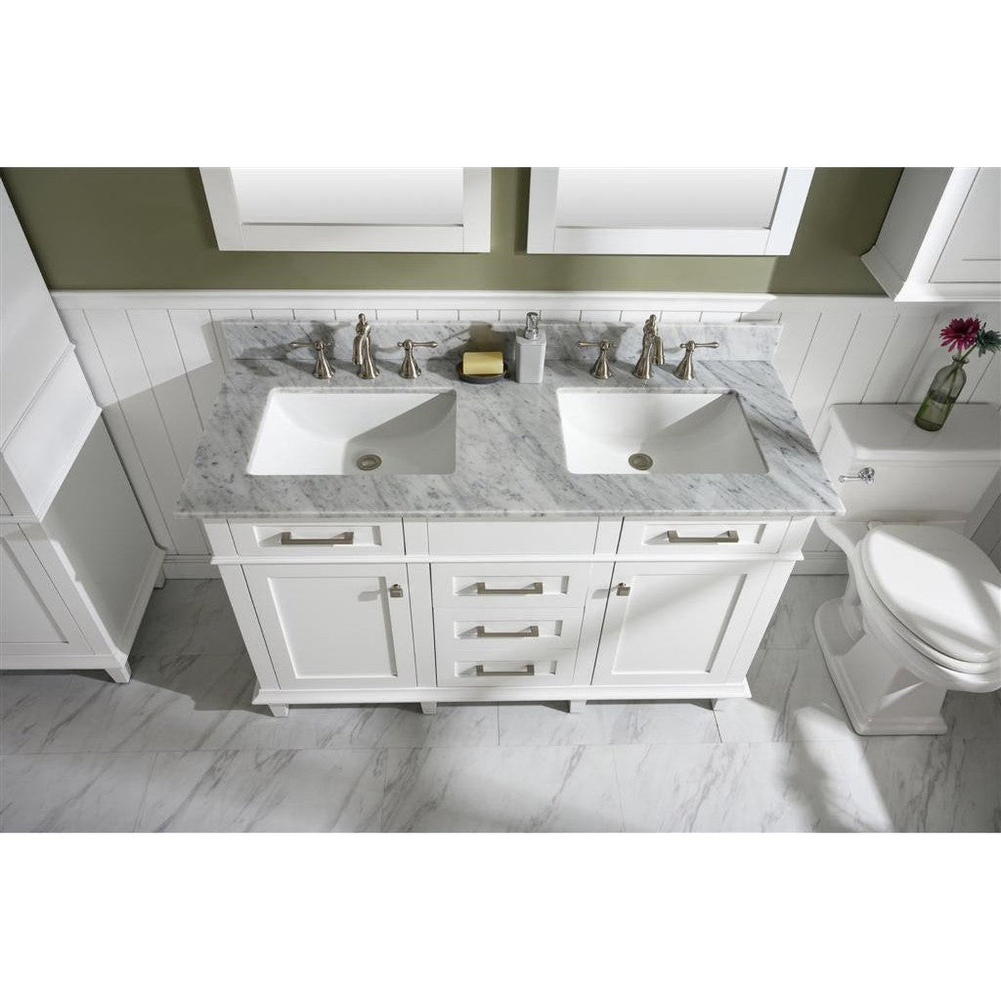 Legion Furniture WLF2254 54" White Freestanding Vanity With White Carrara Marble Top and Double White Ceramic Sink