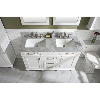 Legion Furniture WLF2254 54" White Freestanding Vanity With White Carrara Marble Top and Double White Ceramic Sink