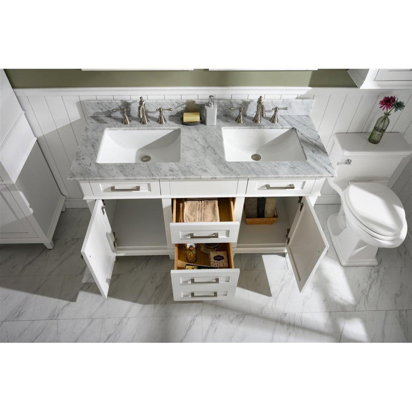 Legion Furniture WLF2254 54" White Freestanding Vanity With White Carrara Marble Top and Double White Ceramic Sink