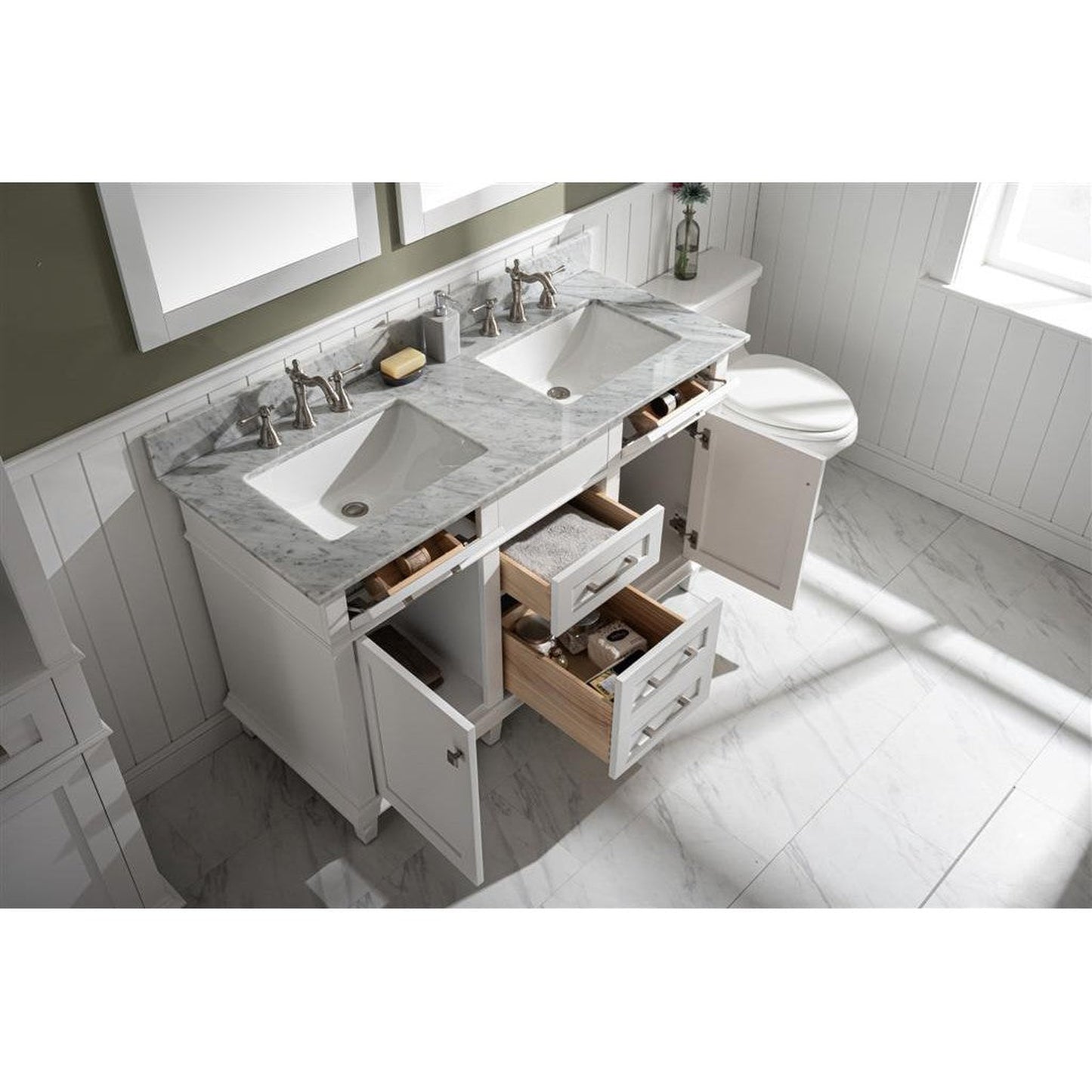 Legion Furniture WLF2254 54" White Freestanding Vanity With White Carrara Marble Top and Double White Ceramic Sink