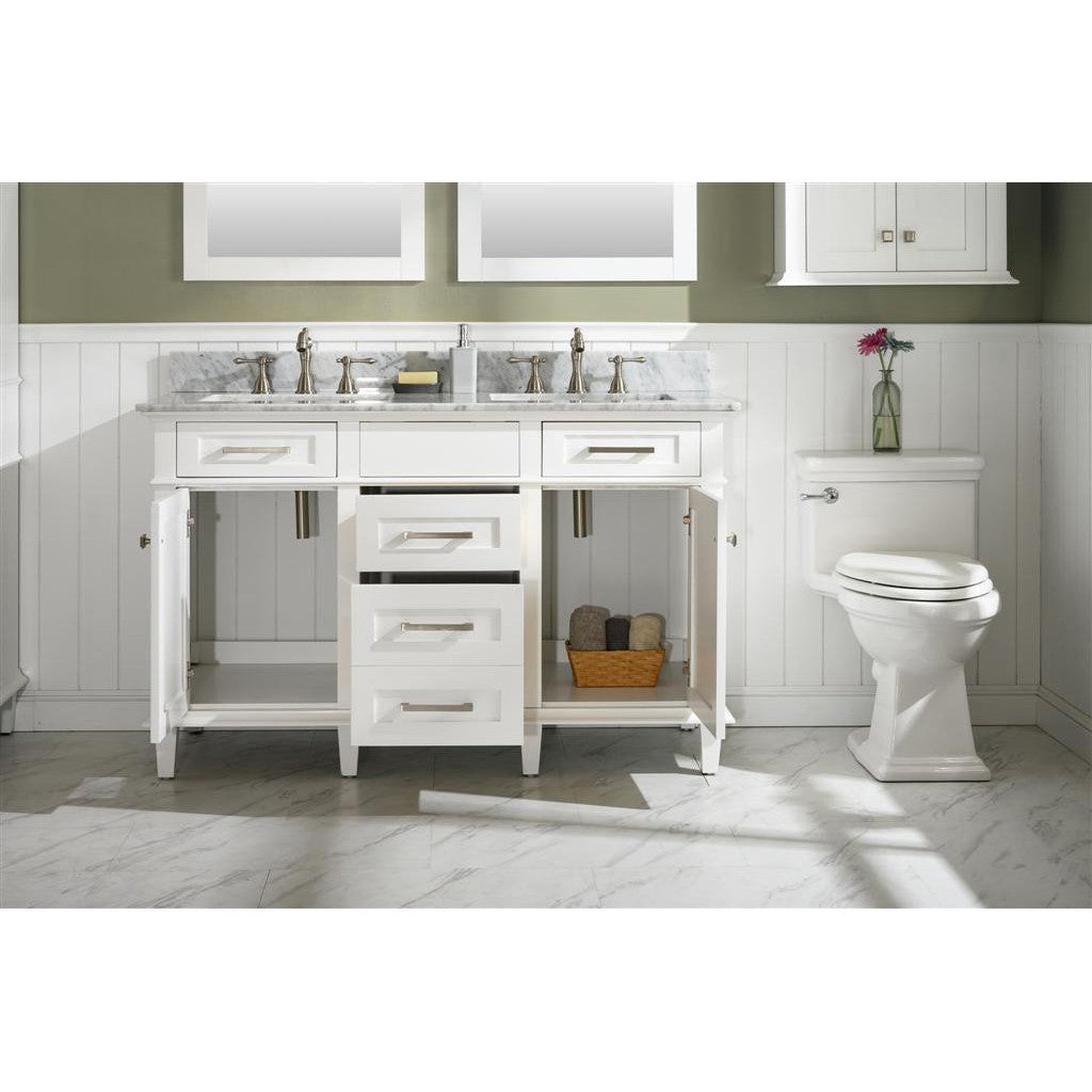 Legion Furniture WLF2254 54" White Freestanding Vanity With White Carrara Marble Top and Double White Ceramic Sink