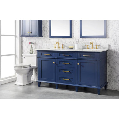 Legion Furniture WLF2260D 60" Blue Freestanding Vanity With White Carrara Marble Top and Double White Ceramic Sink