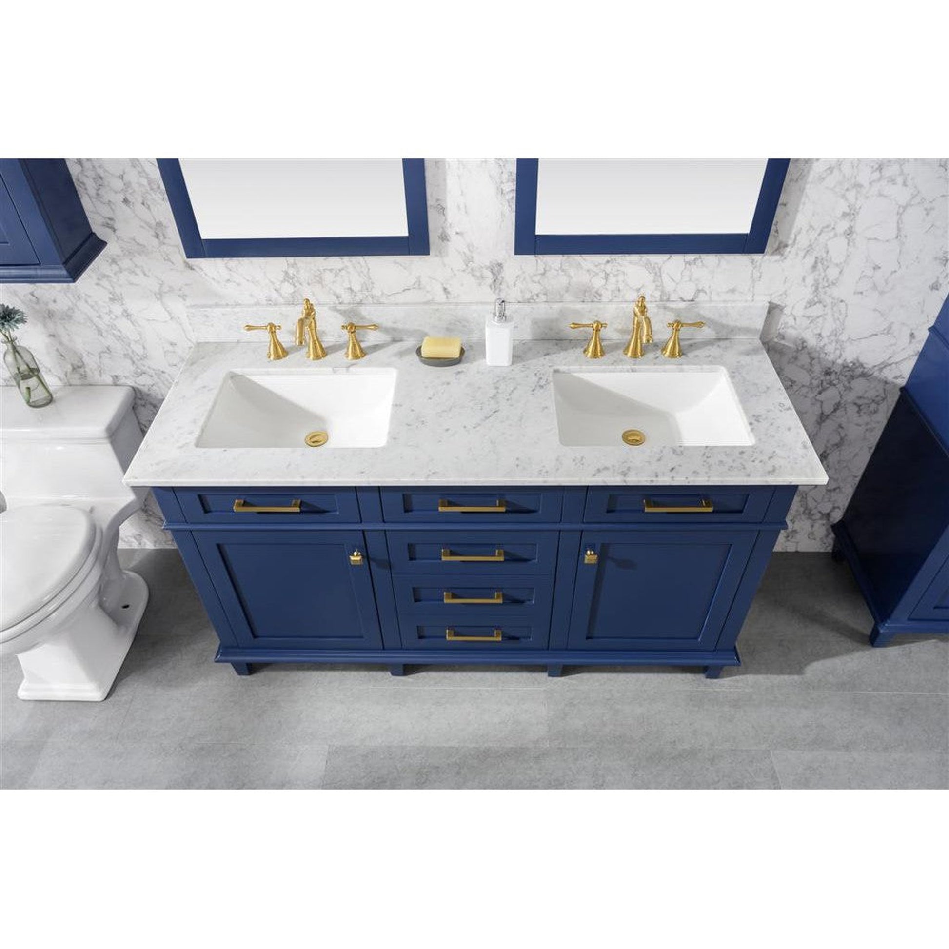 Legion Furniture WLF2260D 60" Blue Freestanding Vanity With White Carrara Marble Top and Double White Ceramic Sink