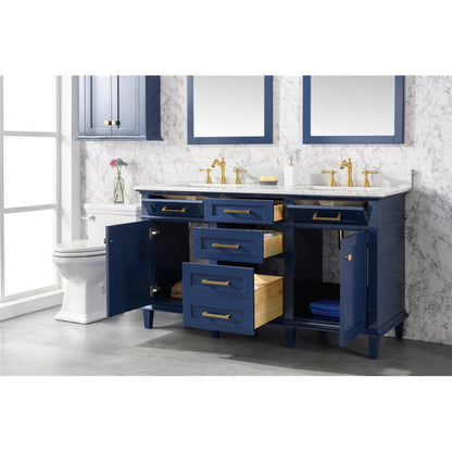 Legion Furniture WLF2260D 60" Blue Freestanding Vanity With White Carrara Marble Top and Double White Ceramic Sink