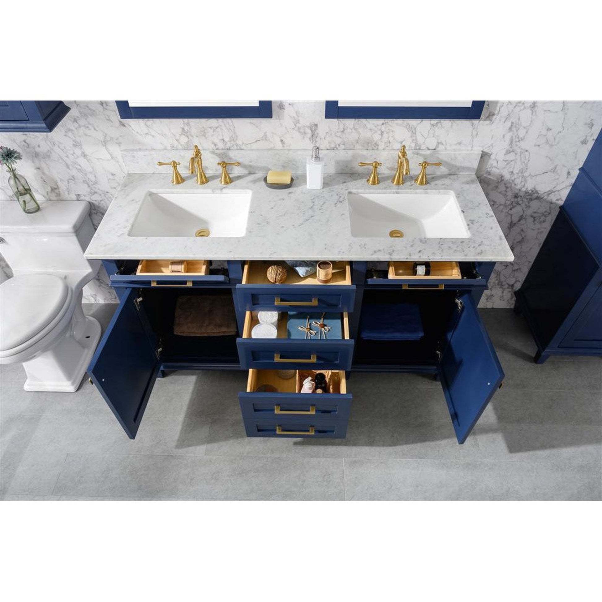 Legion Furniture WLF2260D 60" Blue Freestanding Vanity With White Carrara Marble Top and Double White Ceramic Sink