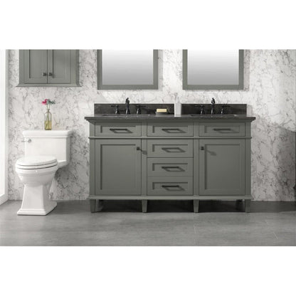 Legion Furniture WLF2260D 60" Pewter Green Freestanding Vanity With Blue Lime Stone Top and Double White Ceramic Sink