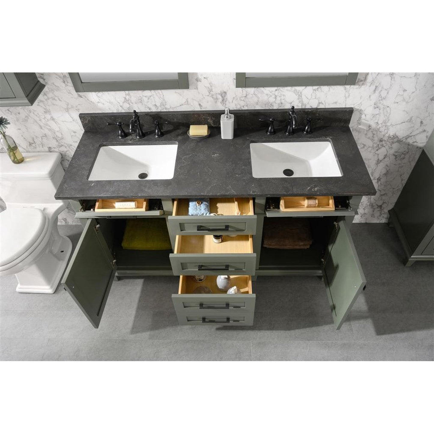 Legion Furniture WLF2260D 60" Pewter Green Freestanding Vanity With Blue Lime Stone Top and Double White Ceramic Sink