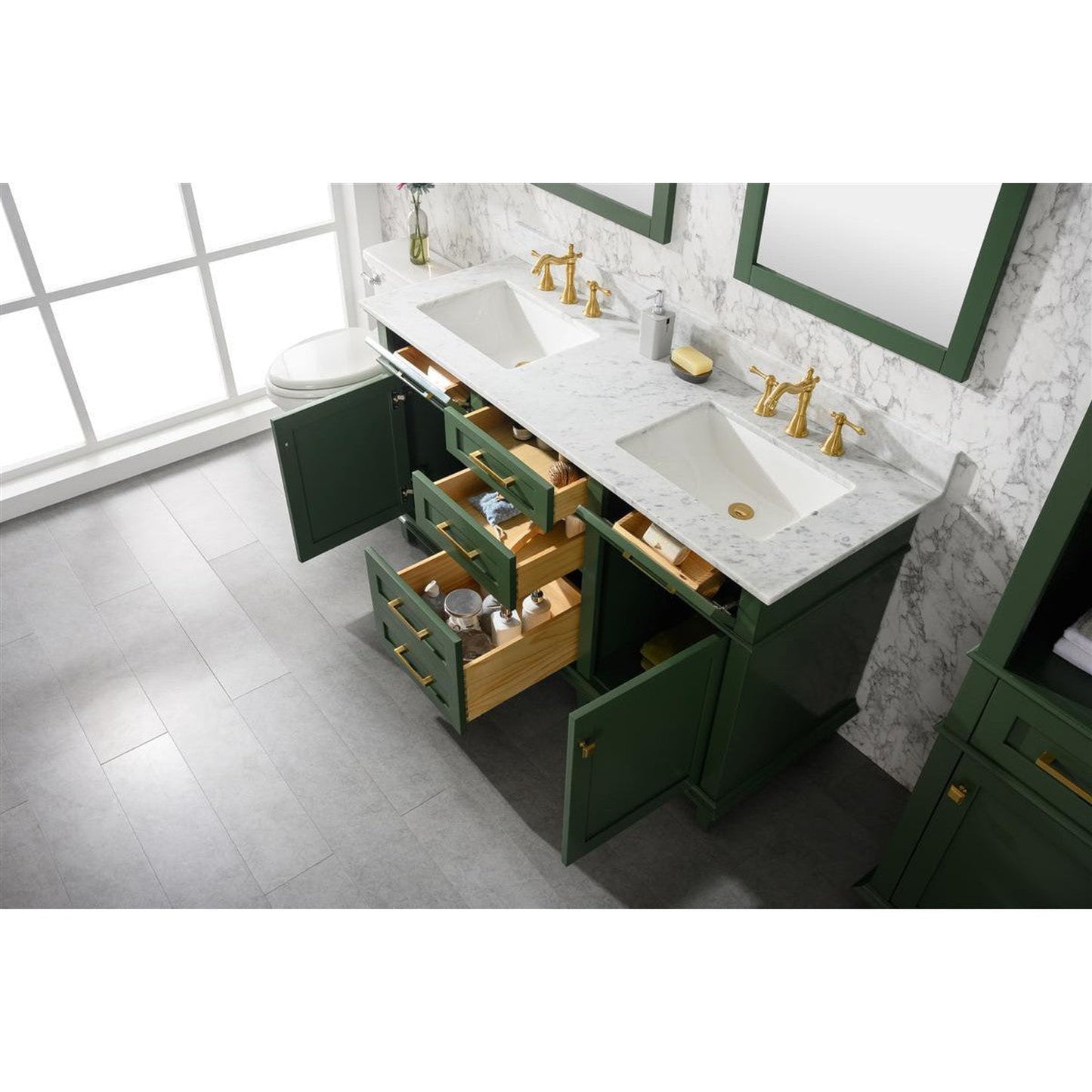 Legion Furniture WLF2260D 60" Vogue Green Freestanding Vanity With White Carrara Marble Top and Double White Ceramic Sink