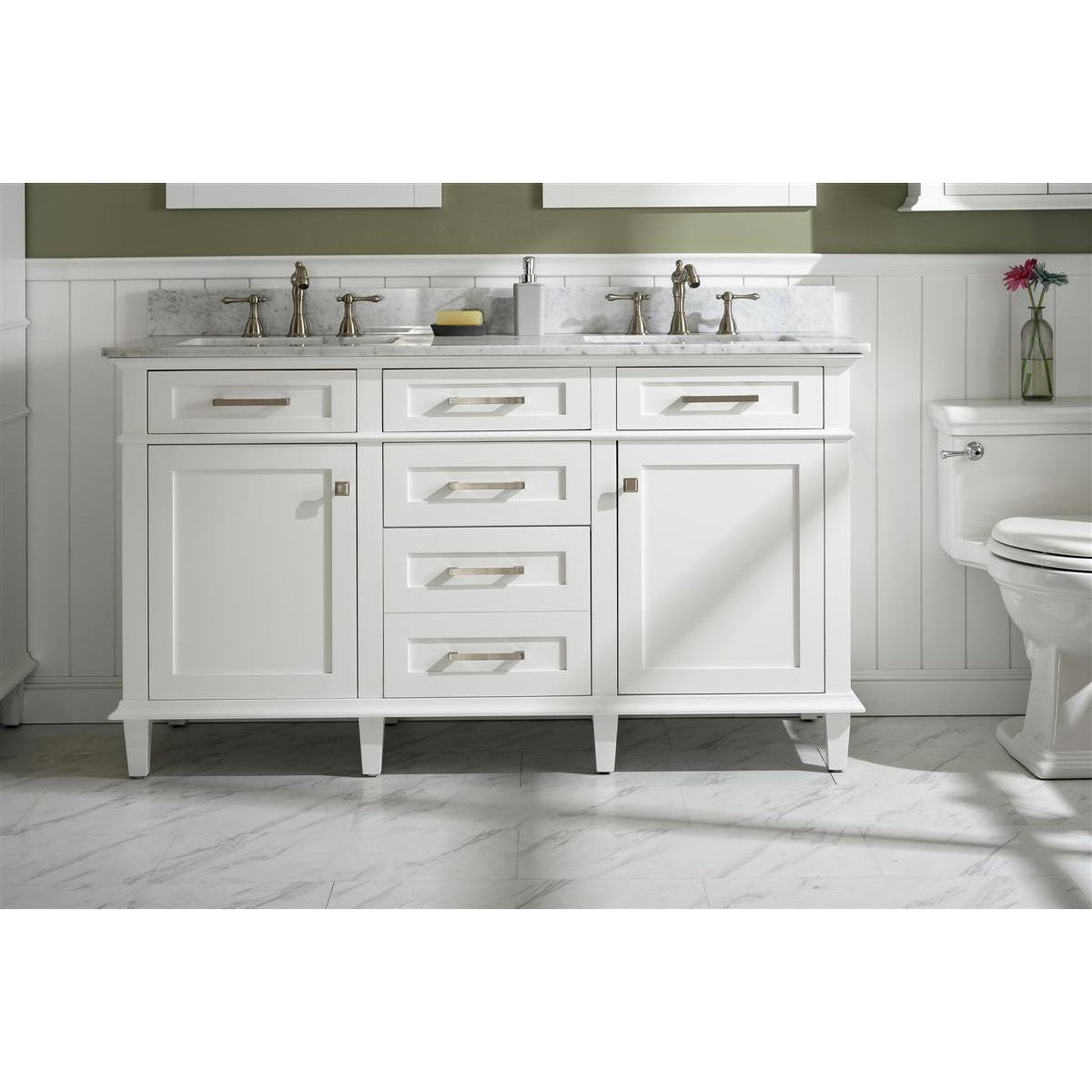 Legion Furniture WLF2260D 60" White Freestanding Vanity With White Carrara Marble Top and Double White Ceramic Sink