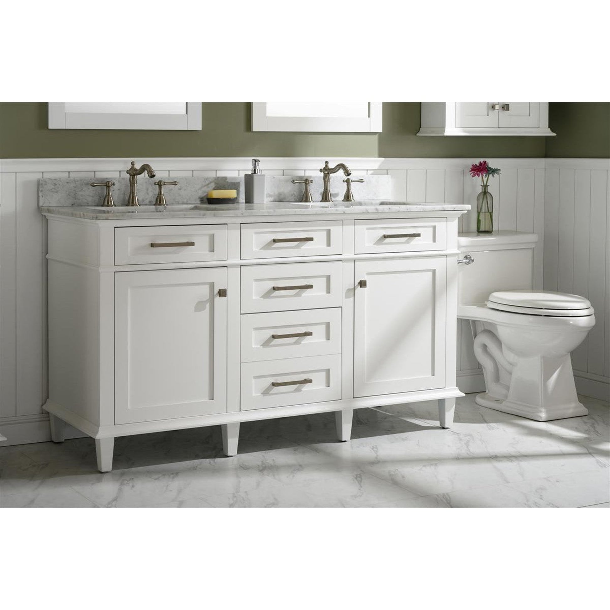 Legion Furniture WLF2260D 60" White Freestanding Vanity With White Carrara Marble Top and Double White Ceramic Sink