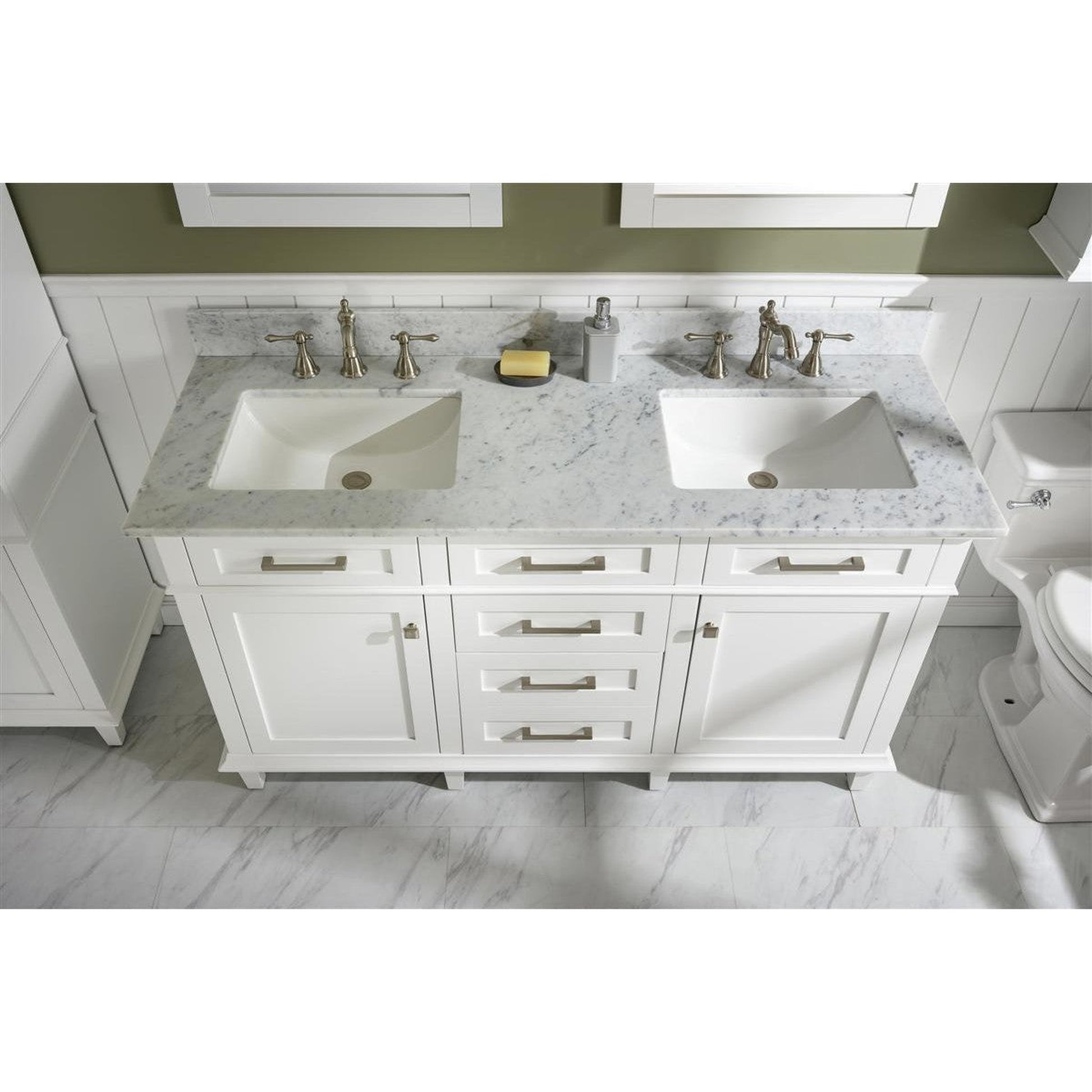 Legion Furniture WLF2260D 60" White Freestanding Vanity With White Carrara Marble Top and Double White Ceramic Sink