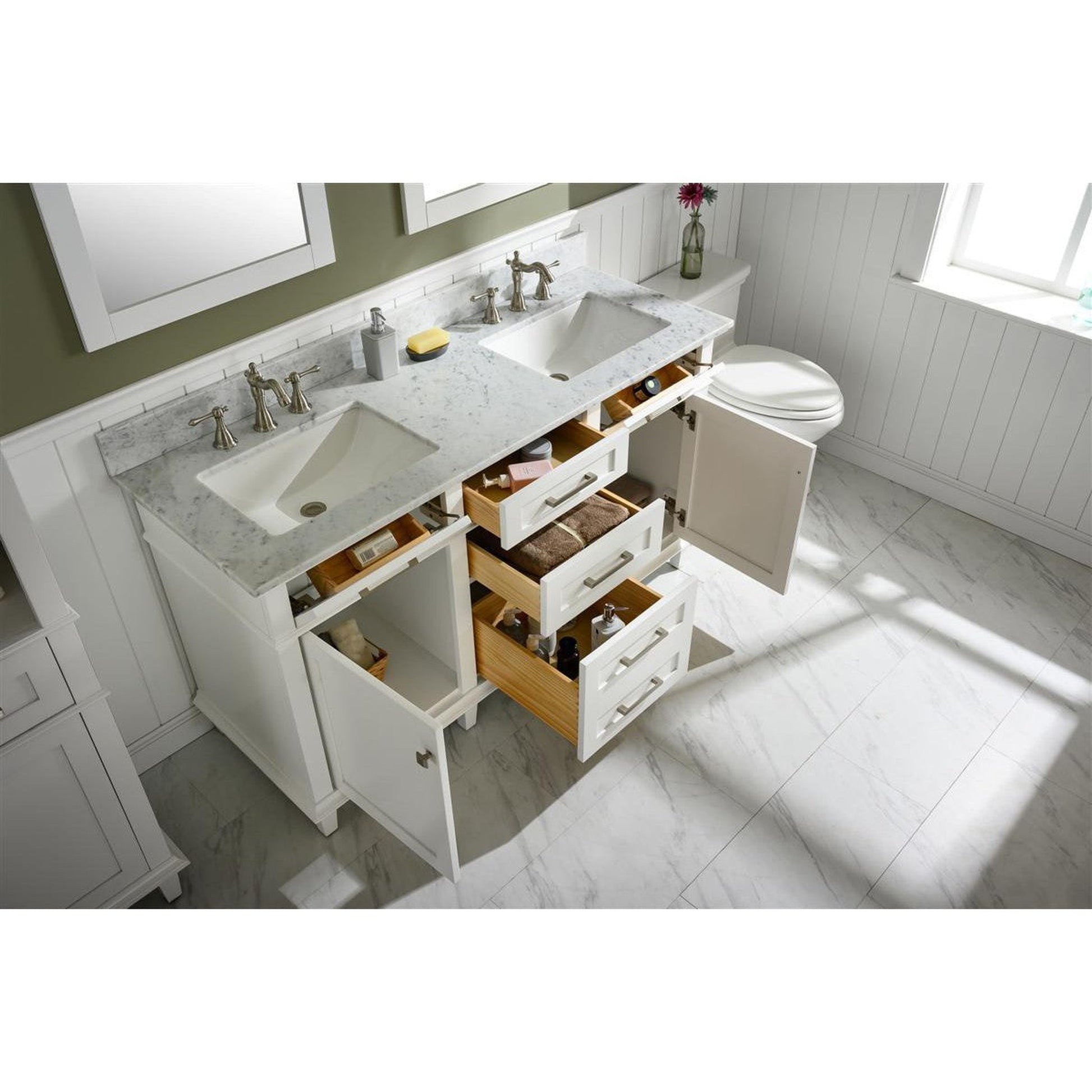 Legion Furniture WLF2260D 60" White Freestanding Vanity With White Carrara Marble Top and Double White Ceramic Sink