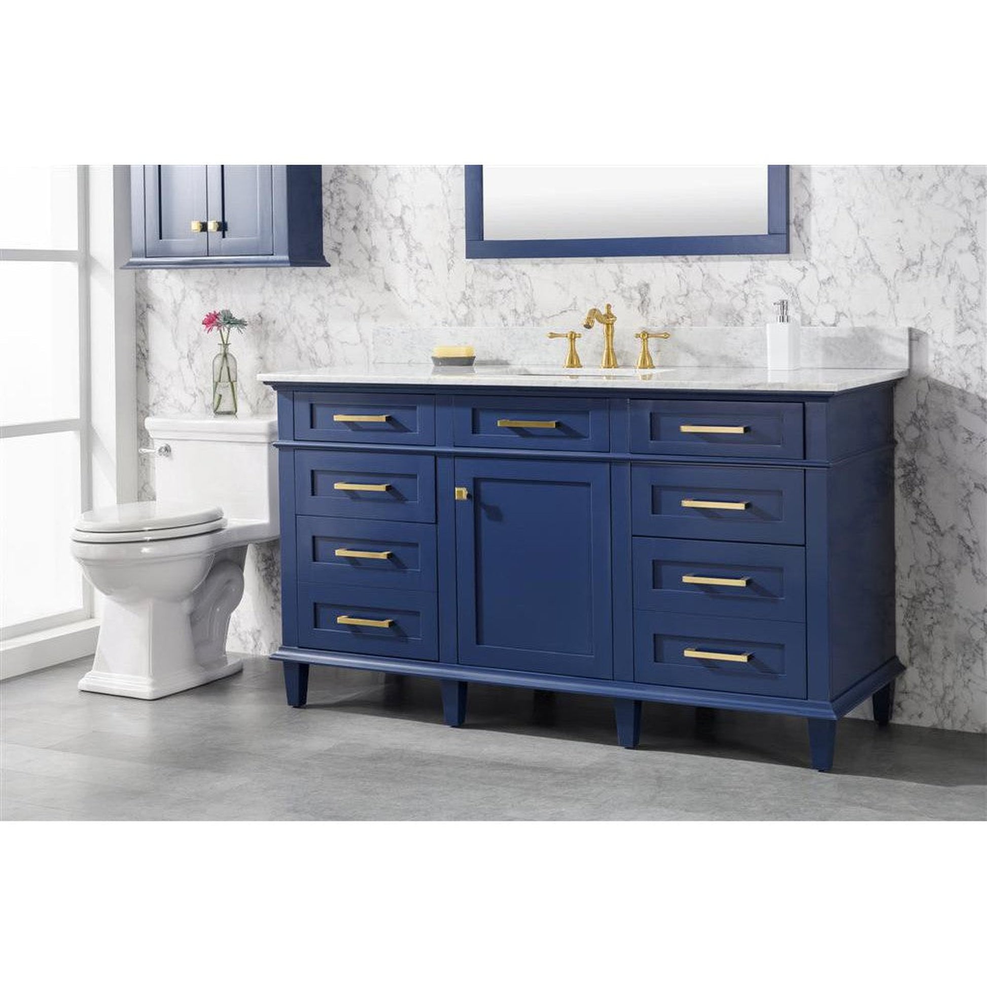 Legion Furniture WLF2260S 60" Blue Freestanding Vanity With White Carrara Marble Top and Single White Ceramic Sink