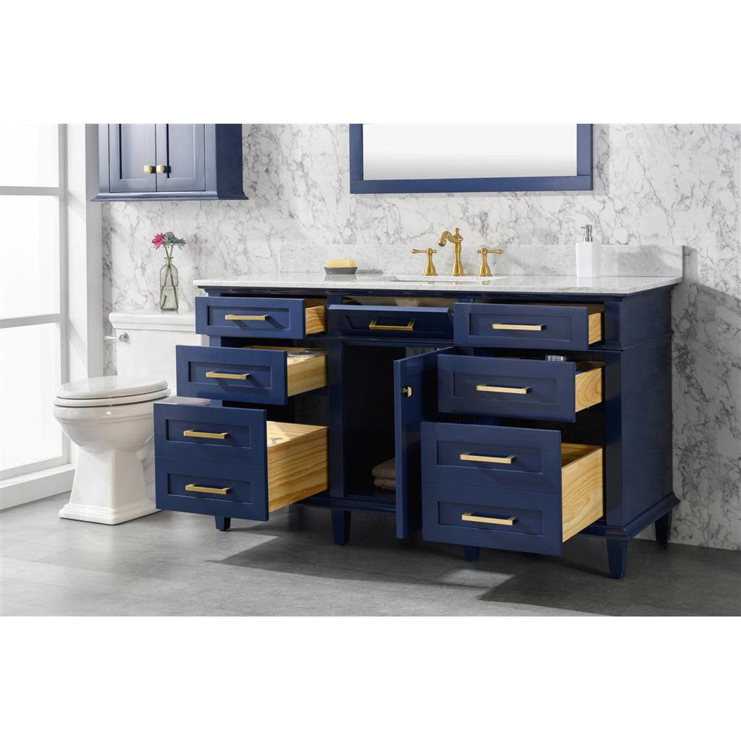 Legion Furniture WLF2260S 60" Blue Freestanding Vanity With White Carrara Marble Top and Single White Ceramic Sink