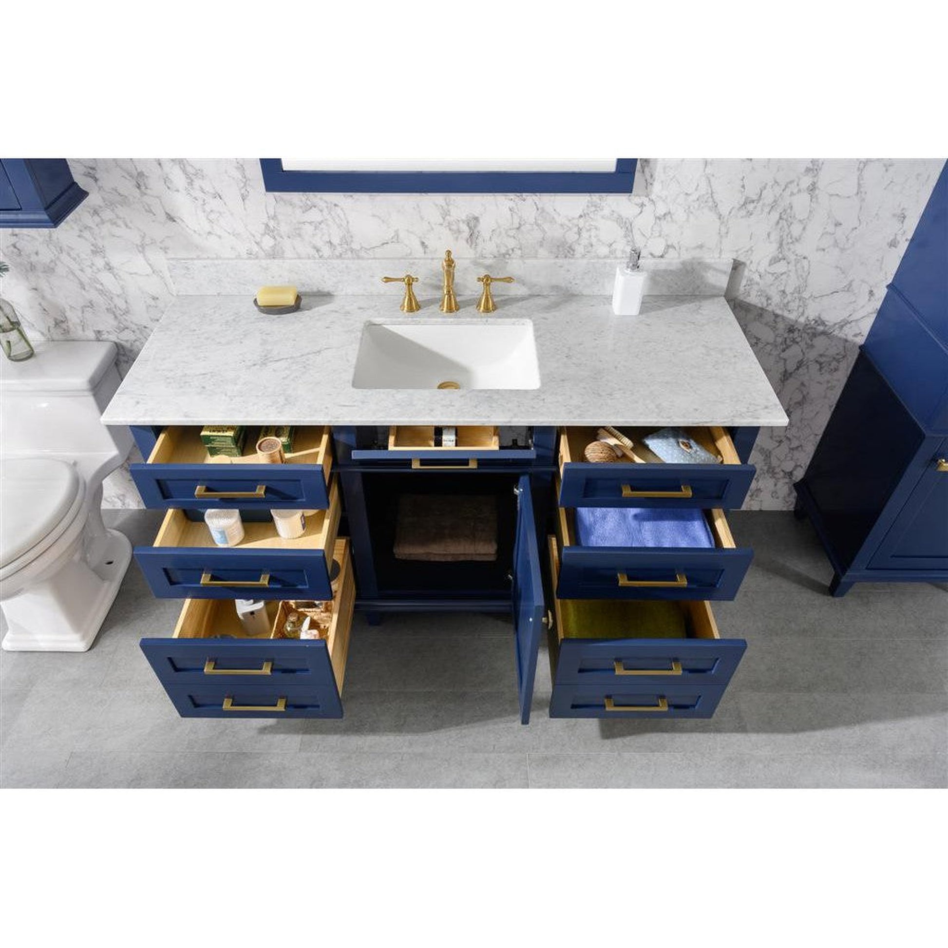 Legion Furniture WLF2260S 60" Blue Freestanding Vanity With White Carrara Marble Top and Single White Ceramic Sink