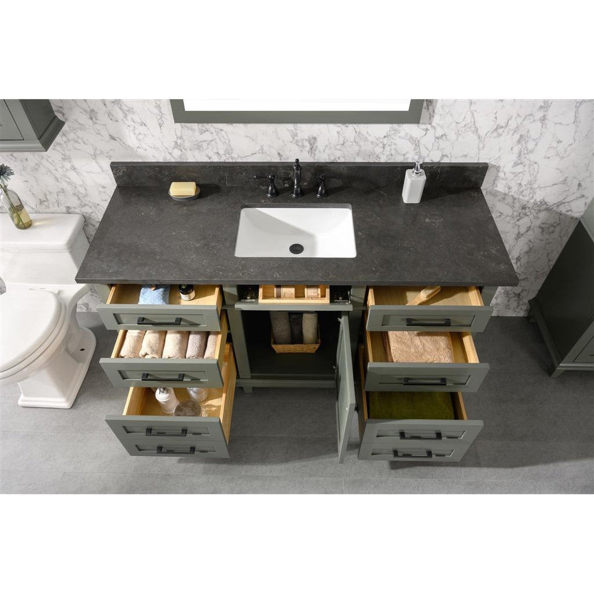 Legion Furniture WLF2260S 60" Pewter Green Freestanding Vanity With Blue Lime Stone Top and Single White Ceramic Sink