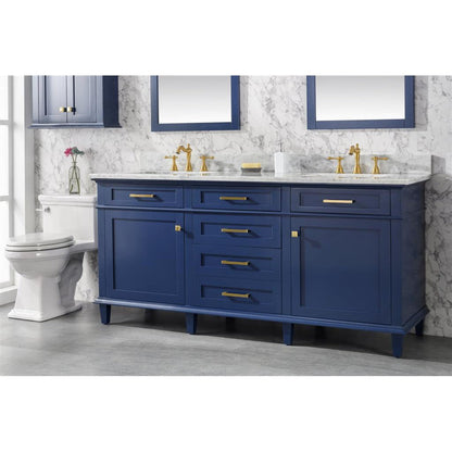 Legion Furniture WLF2272 72" Blue Freestanding Vanity With White Carrara Marble Top and Double White Ceramic Sink