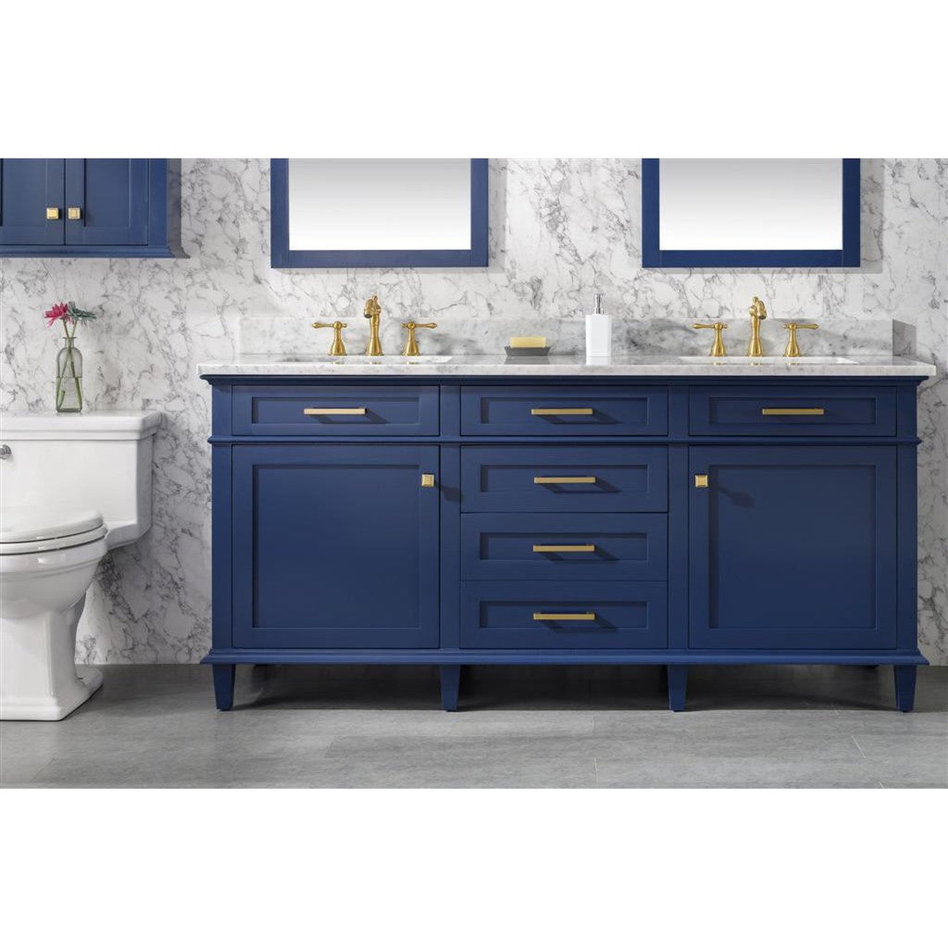 Legion Furniture WLF2272 72" Blue Freestanding Vanity With White Carrara Marble Top and Double White Ceramic Sink