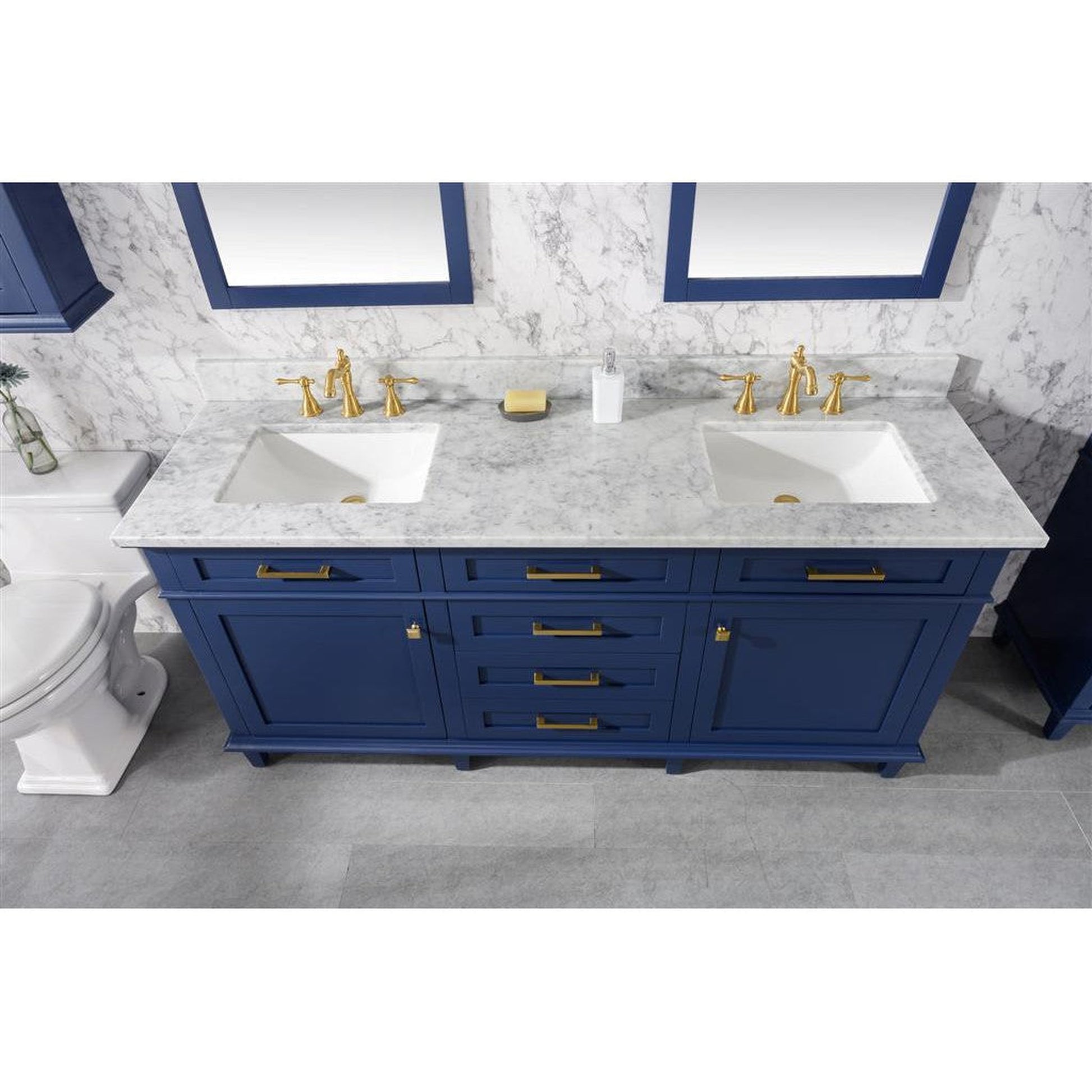 Legion Furniture WLF2272 72" Blue Freestanding Vanity With White Carrara Marble Top and Double White Ceramic Sink