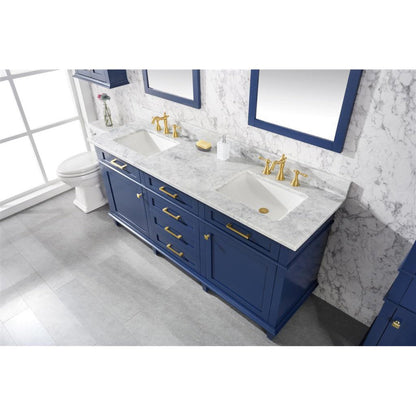 Legion Furniture WLF2272 72" Blue Freestanding Vanity With White Carrara Marble Top and Double White Ceramic Sink