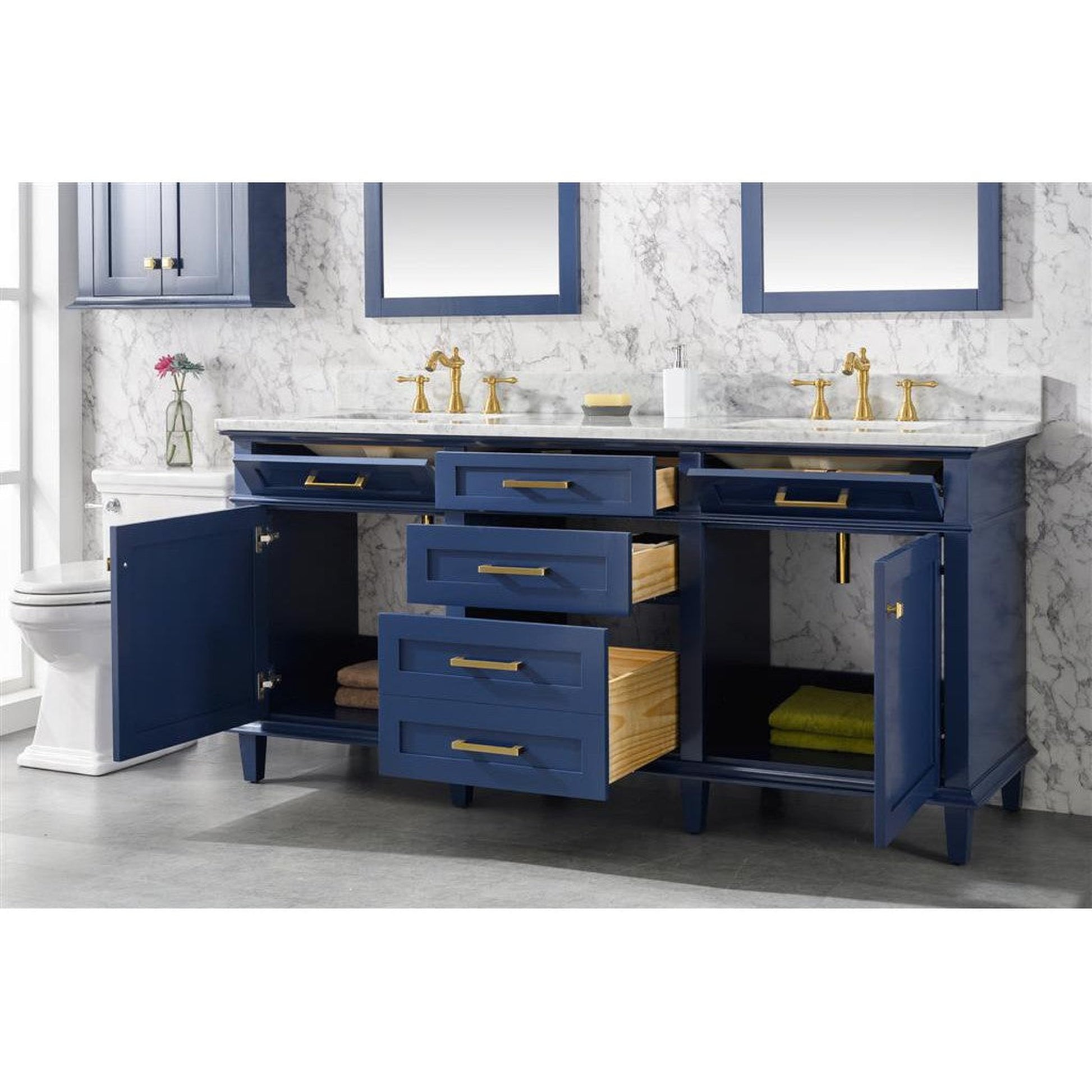 Legion Furniture WLF2272 72" Blue Freestanding Vanity With White Carrara Marble Top and Double White Ceramic Sink