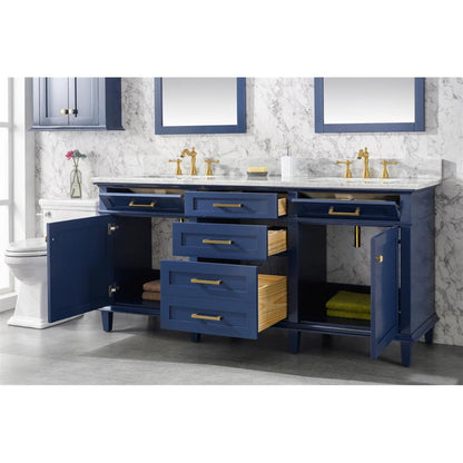 Legion Furniture WLF2272 72" Blue Freestanding Vanity With White Carrara Marble Top and Double White Ceramic Sink