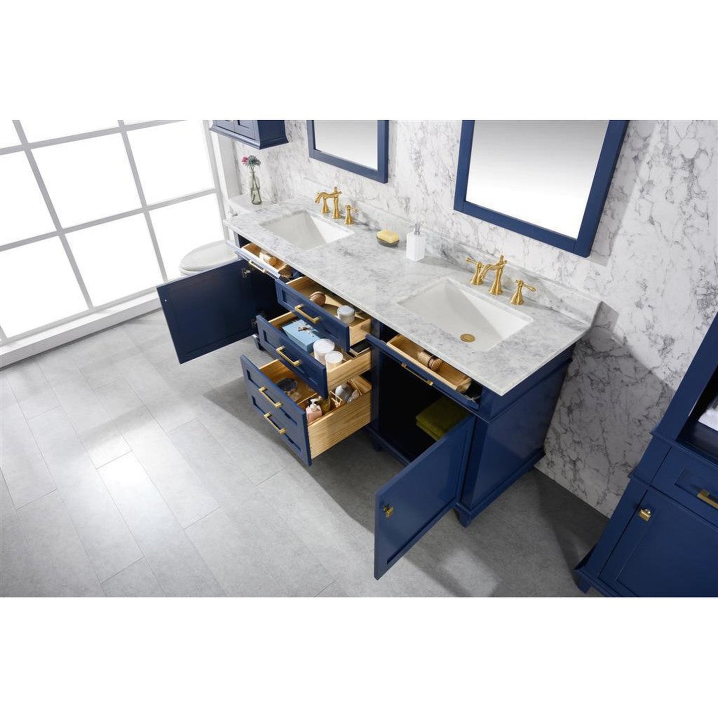 Legion Furniture WLF2272 72" Blue Freestanding Vanity With White Carrara Marble Top and Double White Ceramic Sink