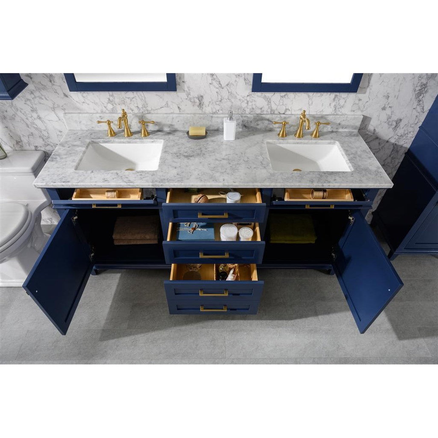 Legion Furniture WLF2272 72" Blue Freestanding Vanity With White Carrara Marble Top and Double White Ceramic Sink